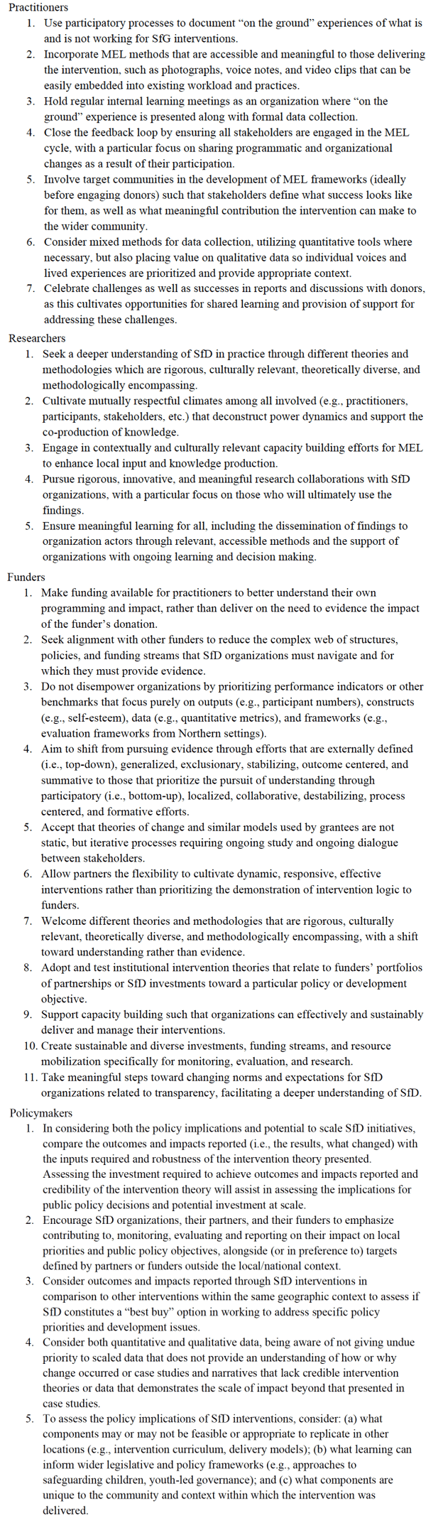 Table 1 - Actionable takeaways for monitoring, evaluation, and research in sport for development